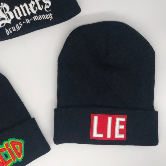 2 New UNIF Black Embroidered Beanies LIE & BAD ACID available only - Picture 3 of 8